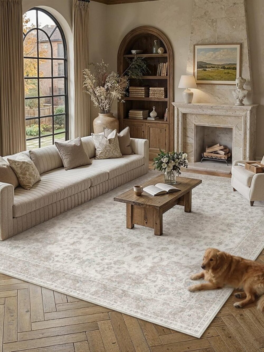 7x10 Area Rug Washable Neutral Beige Vintage Floral